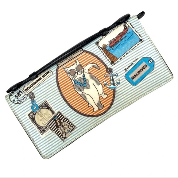Barbara Rihl Striped Clutch Wallet w/ Handle París Maldives Travel Nautical Cat - Picture 1 of 6